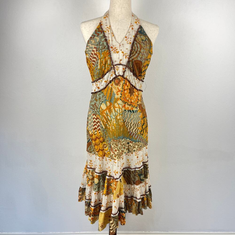 Alberto Makali Halter Cotton Brown Yellow Printed Beaded Boho Dress Women's 8